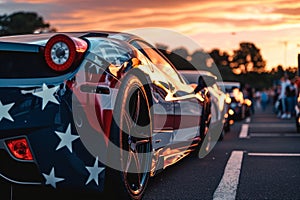 A lineup of sports cars adorned with painted American flags parked side by side, A sports car with American flag racing stripes,
