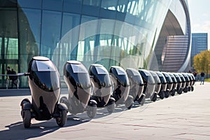 A lineup of three-wheeled vehicles neatly parked in front of a building, Segways parked in front of a futuristic building, AI