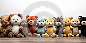 Lineup of Various Cute Stuffed Animal Toys Sitting Against a White Background Perfect for Childrens Toy Collection