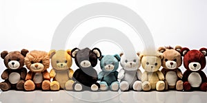 Lineup of Various Cute Stuffed Animal Toys Sitting Against a White Background Perfect for Childrens Toy Collection