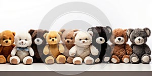 Lineup of Various Cute Stuffed Animal Toys Sitting Against a White Background Perfect for Childrens Toy Collection