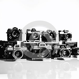 Lineup of various retro cameras placed side by side on flat surface, showcasing different makes and models.