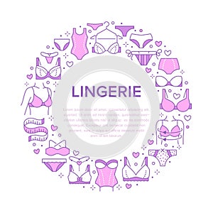 Lingerie circle poster with flat line icons of bra types, panties. Woman underwear background, vector illustration of