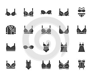 Lingerie flat glyph icons set. Bras types, woman underwear, maternity bra, chemise, pyjamas, swimwear, corset vector