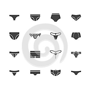 Lingerie flat glyph icons set. Panties types, woman underwear, bikini, string, hipsters underpants, swimwear bottom photo