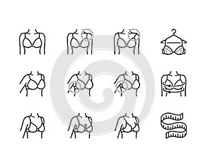 Lingerie flat line icons set. Bra fitting, breast measurement with measuring tape, female body in underwear vector