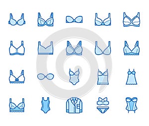 Lingerie flat line icons set. Bras types, woman underwear, maternity bra, chemise, pyjamas, swimwear, corset vector