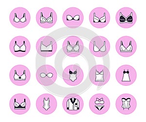 Lingerie flat line icons set. Bras types, woman underwear, maternity bra, chemise, pyjamas, swimwear, corset vector