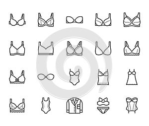 Lingerie flat line icons set. Bras types, woman underwear, maternity bra, chemise, pyjamas, swimwear, corset vector