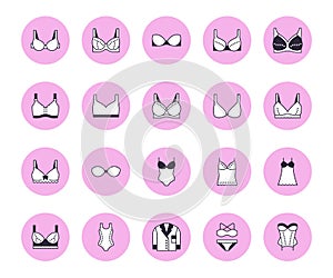 Lingerie flat line icons set. Bras types, woman underwear, maternity bra, chemise, pyjamas, swimwear, corset vector photo