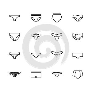 Lingerie flat line icons set. Panties types, woman underwear, bikini, string, hipsters underpants, swimwear bottom