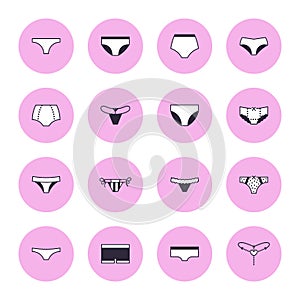 Lingerie flat line icons set. Panties types, woman underwear, bikini, string, hipsters underpants, swimwear bottom