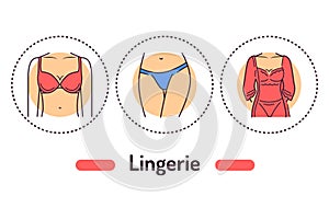 Lingerie outline concept. Category of women's clothing including at least undergarments, sleepwear and lightweight line