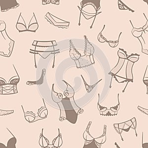 lingerie pattern. female bra and bikini fashiioned lingerie collection. Vector seamless background