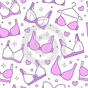 Lingerie seamless pattern with flat line icons of bra types. Woman underwear background, vector illustrations of