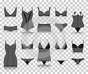 Lingerie set. Silhouette icons with reflection on transparent background