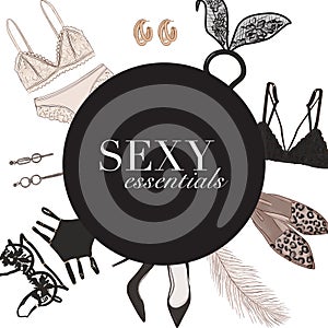 Lingerie sexy underwear hand-drawn illustration template: bra, bralete,  undies set, heels, jewerly womens secrets boutique art, photo