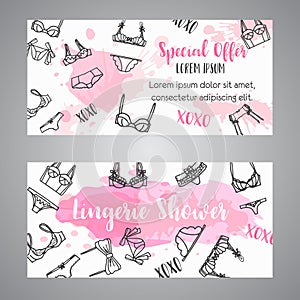 Lingerie shower card Fashion bra and pantie. Bridal invitation template Vector photo