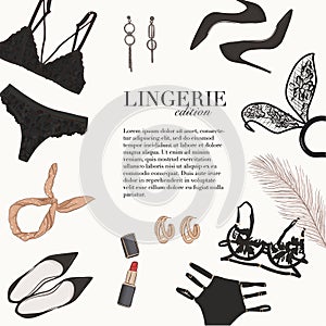 Lingerie underwear hand-drawn doodle template: bra, bralete,  undies set, heels, cosmetcs womens  boutique salon illustration, photo