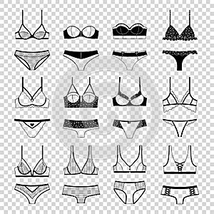 Lingerie vector icon set of bras and panties.