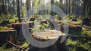 The Lingering Tree Stumps in a Summer Forest as Silent Testaments to Environmental Decline photo