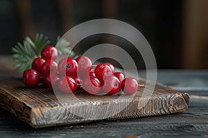 Lingonberries lie on a wooden board