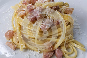 Linguine carbonara pasta with bacon and eggs