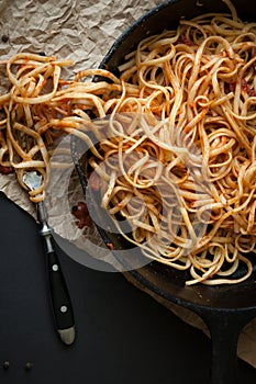 Linguine with Red Sauce in a Cast Iron Pan