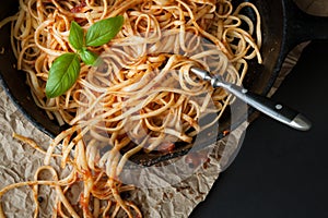 Linguine with Red Sauce and Fresh Basil in a Cast Iron Pan