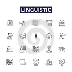 Linguistic line vector icons and signs. Grammar, Semantics, Syntax, Morphology, Phonetics, Phonology, Dialects photo