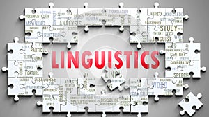 Linguistics as a complex subject, related to various topics and ideas on a puzzle photo