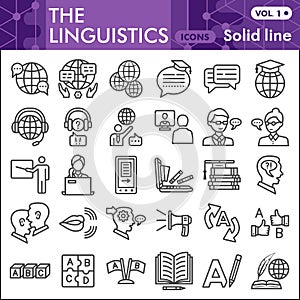 Linguistics line icon set, education symbols collection or sketches. Foreign language solid line linear style signs for