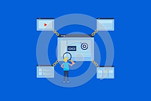 Link building for seo, backlink building strategy, website optimization concept, vector banner, web template.