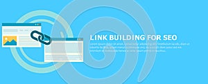 Link building for seo banner. Two pages are connected by a chain
