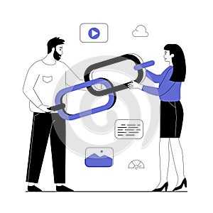Link building. SEO strategies, search engine visibility optimization, content marketing. People holding big chain. Vector photo