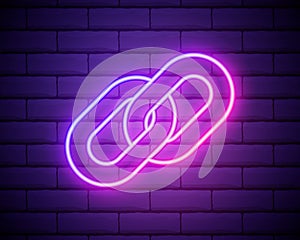 Link icon. Hyperlink chain symbol. Simple icon. Pink neon style on brick wall background. Light icon