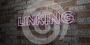 LINKING - Glowing Neon Sign on stonework wall - 3D rendered royalty free stock illustration