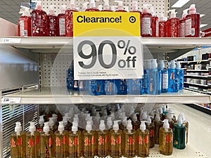 Leftover Christmas themed soap and hand sanitizer for sale at 90% off at a Target store