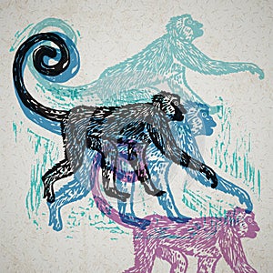 Linocut tropical Jungle Monkey on background
