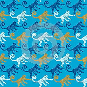 Linocut tropical Jungle Monkey background