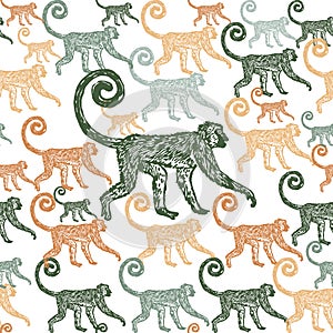 Linocut tropical Jungle Monkey background