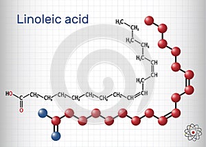 Linoleic acid, LA molecule. Omega-6, polyunsaturated fatty acid. Structural chemical formula and molecule model. Sheet of paper in