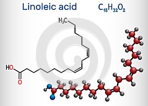 Linoleic acid, LA molecule. Omega-6, polyunsaturated fatty acid. Structural chemical formula and molecule model