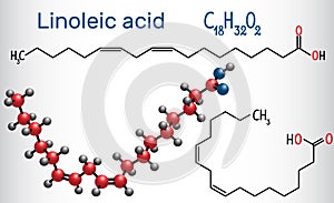 Linoleic acid LA. Structural chemical formula and molecule mod