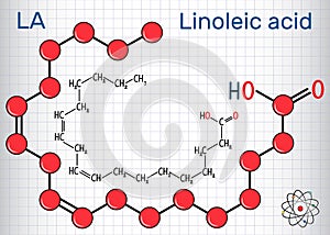 Linoleic acid LA. Structural chemical formula and molecule mod