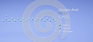 Linoleic acid, omega-6. Molecular structure 3d rendering, Structural Chemical Formula and Atoms with Color Coding