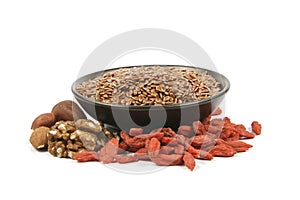 Linseed in a Bowl with Nuts and Goji Berries