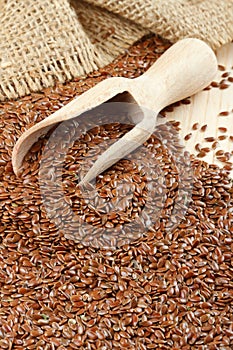 Linseed, flax seeds, wooden scoop, sack