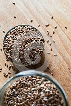 Linseed flaxseed on wooden table