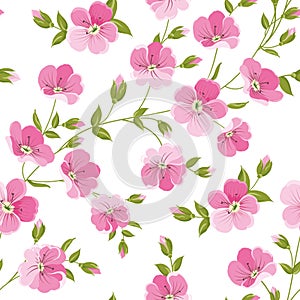 Linum seamless pattern for fabric swatches. Pattern with red flowers and small leaves.